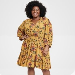 Knox Rose Womens 3/4 Sleeve Keyhole Floral Print Folkloric Mini Dress Gold  4X